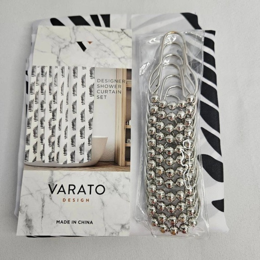 Varato Designer Shower Curtain Set 12‎ Metal Hooks Black White Palm Leaf Pattern - Picture 4 of 4